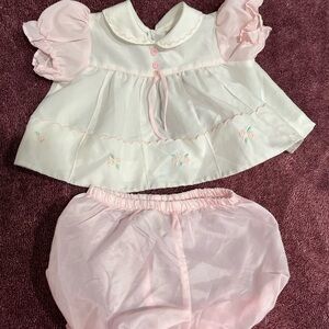 VINTAGE Baby Pink & White Embroidered Dress & Bloomers